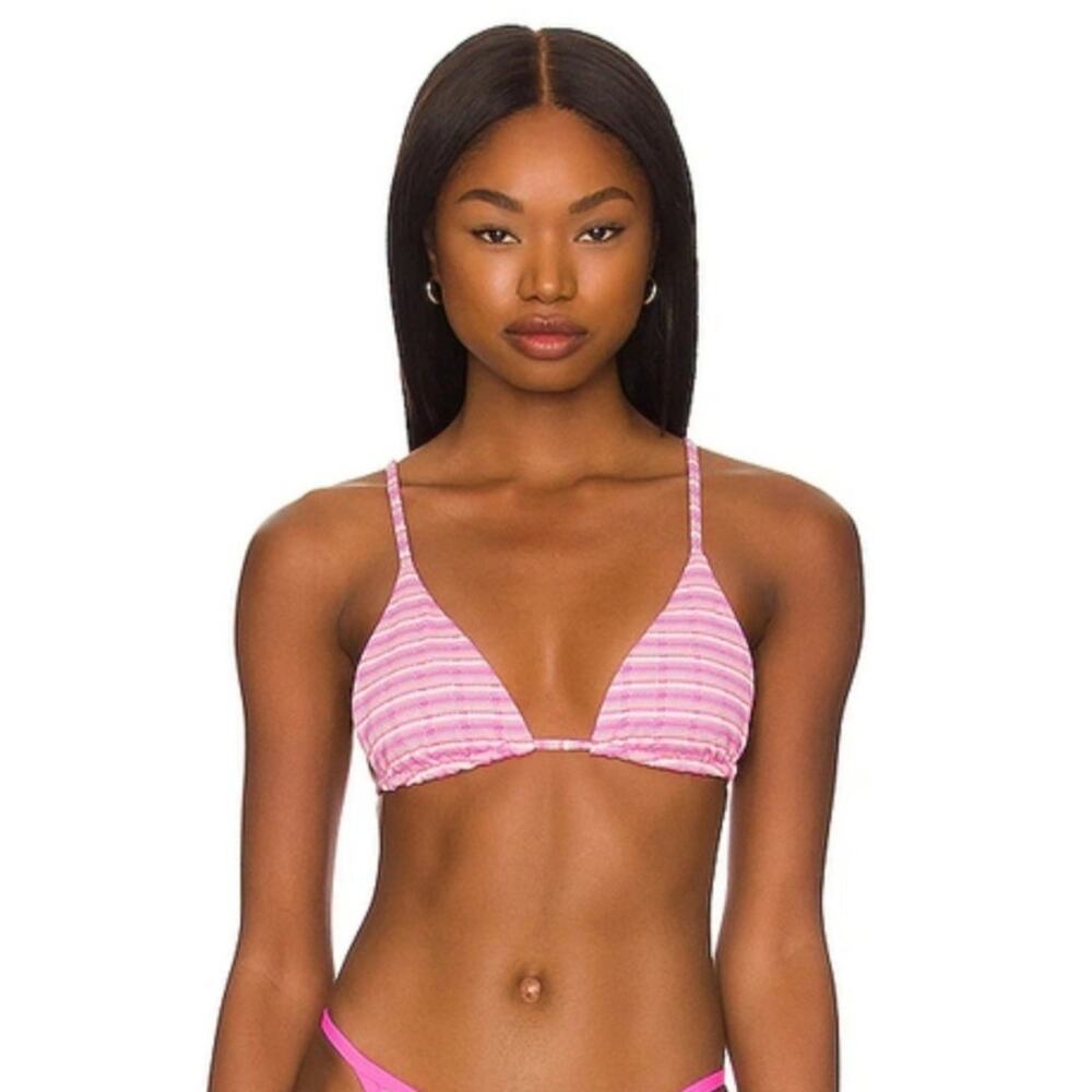 L*Space Brittany Bikini Top in Electric Pique Stripe Pink Small NWT Triangle